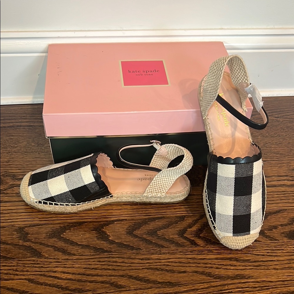 NEW Kate Spade Black and Cream Gingham Plaid Espadrilles